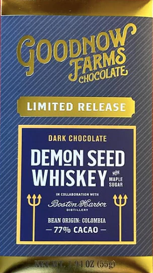 Image of a Goonow Farms Chocolate Limited Release Dark Chocolate Demon Seed Whiskey bar. Colors are black and gold with white lettering
