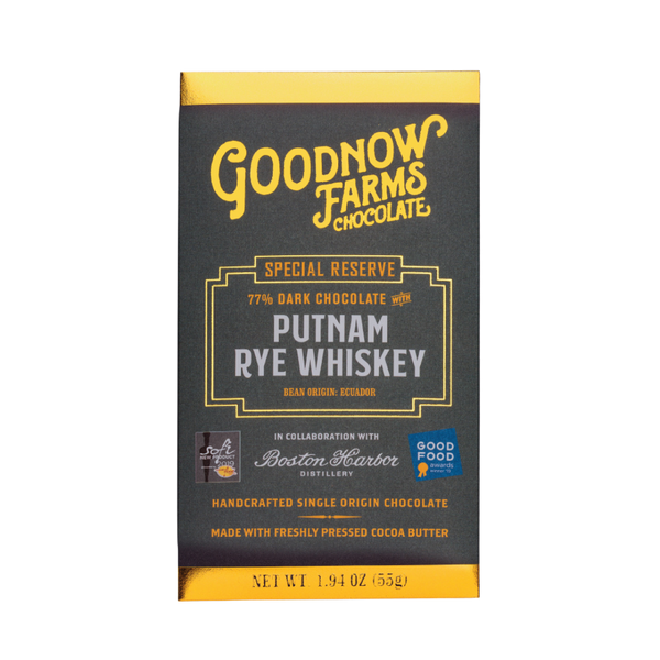 An image of a Goodnow Farms Chocolate Putnam Rye Whiskey Dark Chocolate bar