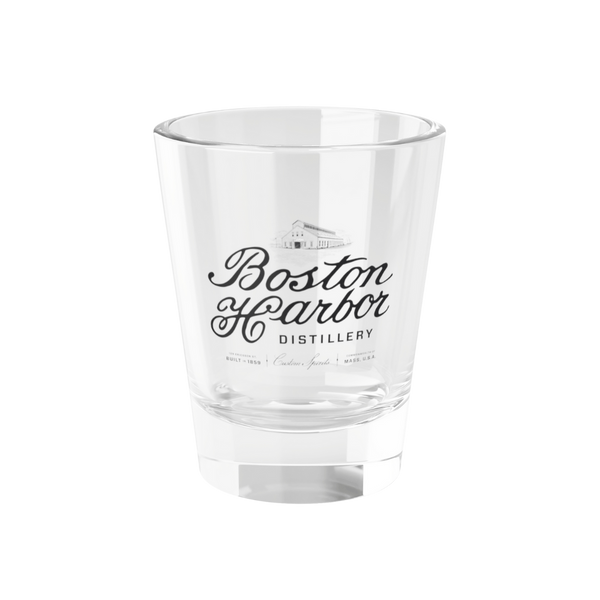 Image of a shot glass with the Boston Harbor Distillery logo on it in black