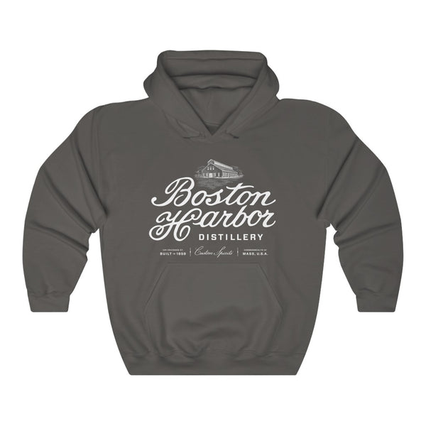 An image of a Boston Harbor Distillery Unisex Heavy Blend Hooded Sweatshirt in Charcoal