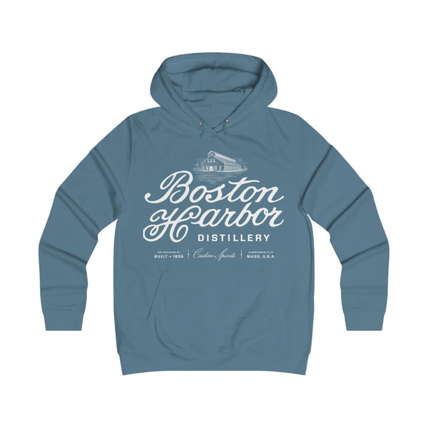 An image of a Boston Harbor Distillery Girlie College Hoodie in Airforce Blue