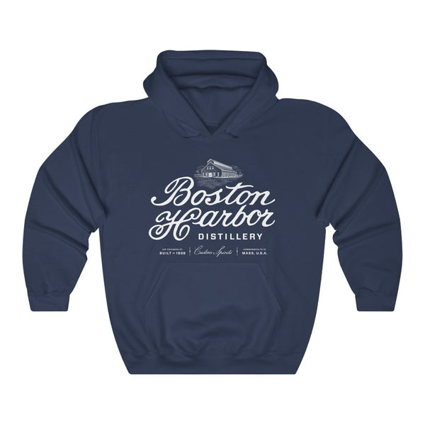 An image of a Boston Harbor Distillery Unisex Heavy Blend Hooded Sweatshirt in Navy