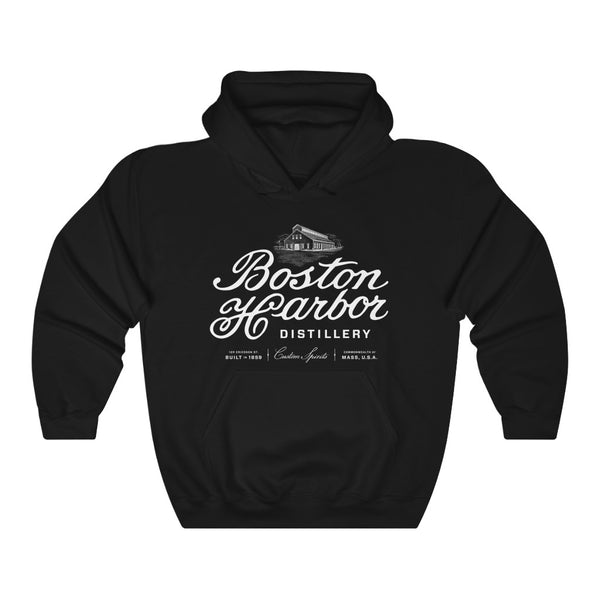 An image of a Boston Harbor Distillery Unisex Heavy Blend Hooded Sweatshirt in Black