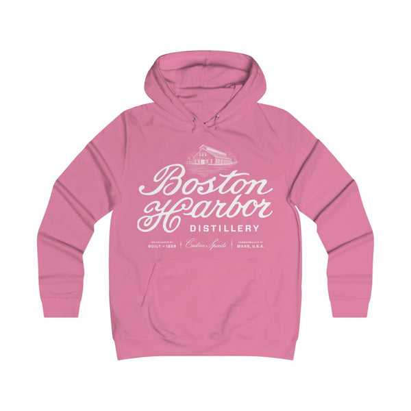 An image of a Boston Harbor Distillery Girlie College Hoodie in Candyfloss Pink