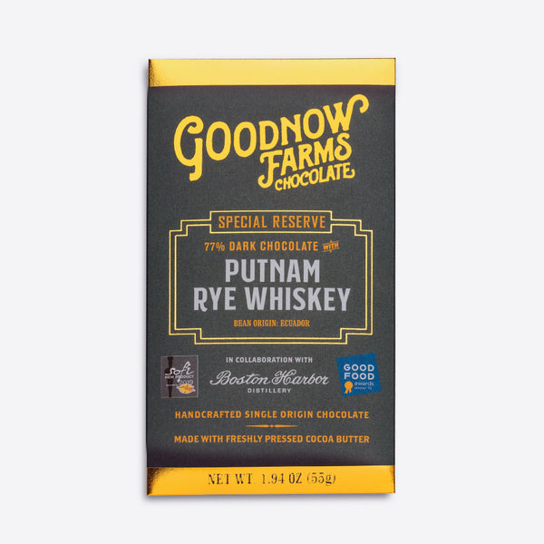 An image of a Goodnow Farms Chocolate Putnam Rye Whiskey Dark Chocolate bar